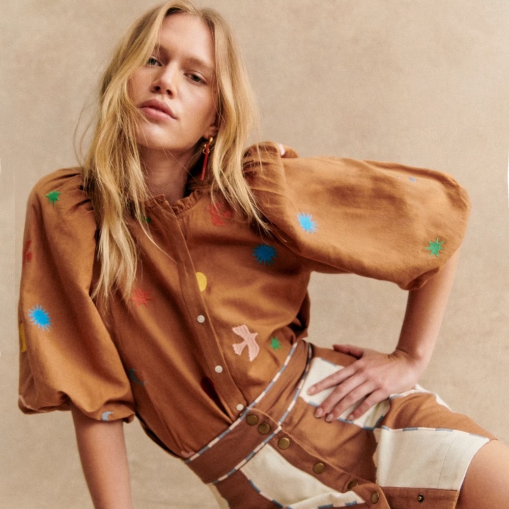 Sezane Anton Blouse - Sézane X Pangea Embroidered Coffee - Size 6